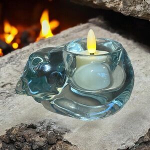 Vintage 1970s Indiana Clear Glass Cat Votive Candle Holder Heavy Solid